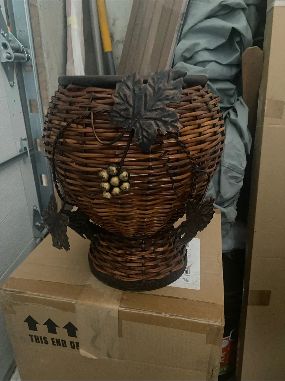 Woven Rattan Decorative Vase planter with Metal Grape Accents - Brown